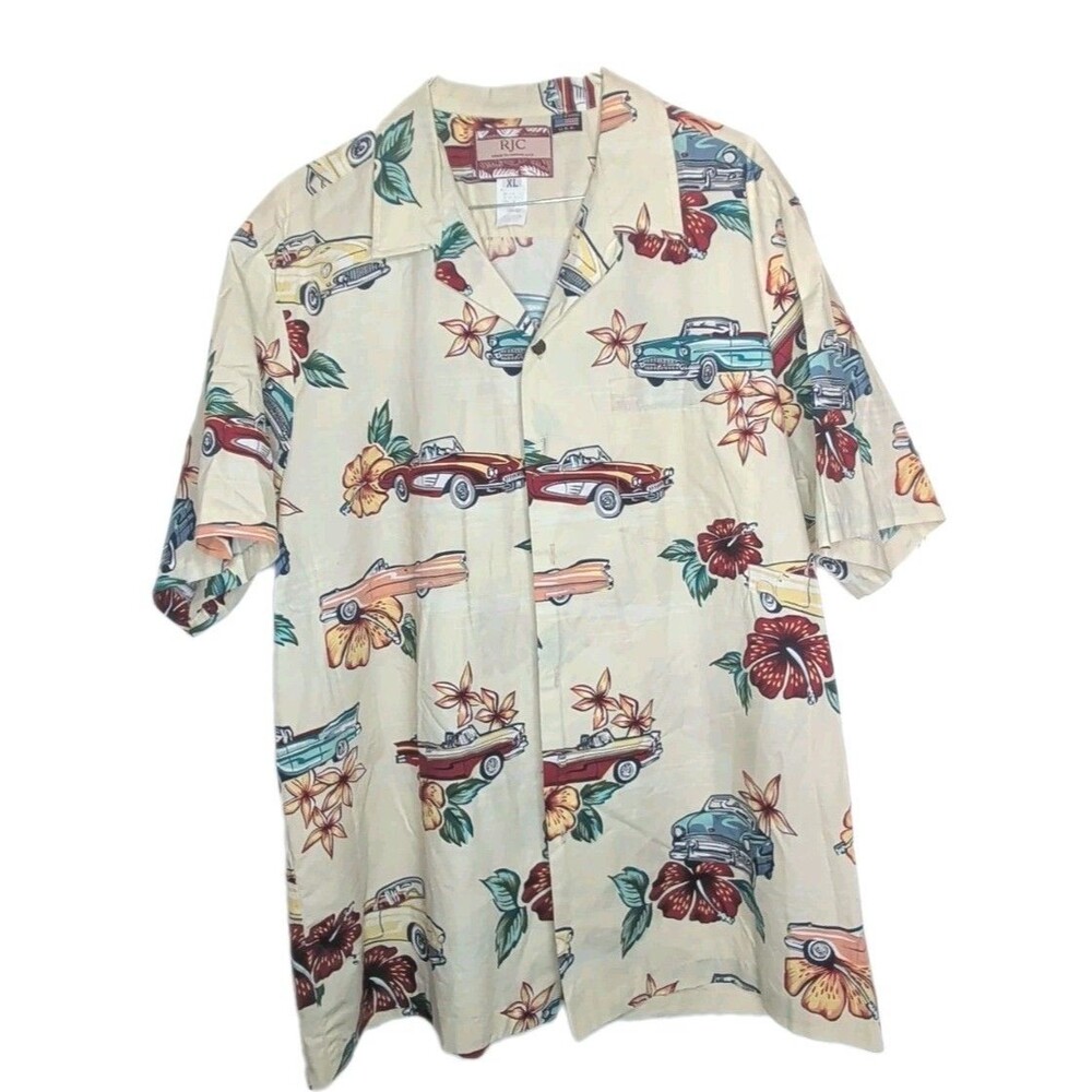 RJC Hawaii Aloha Shirt XL Made in Hawaii USA Classic Cars Hibiscus 100% Cotton